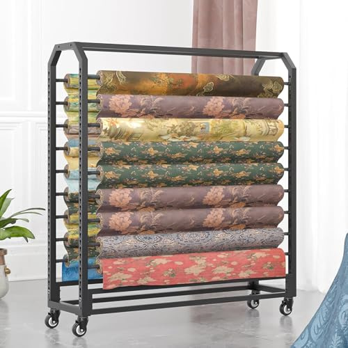 51.2 57.1 63 68.9 Inch de Large Textile Fabric Display Rack Cart, Commercial Organizer Holder for Vinyl Rolls/Car Color Change Film/Tablecloth/Wrapper, th Adjustable Hanging Rod & Brakea