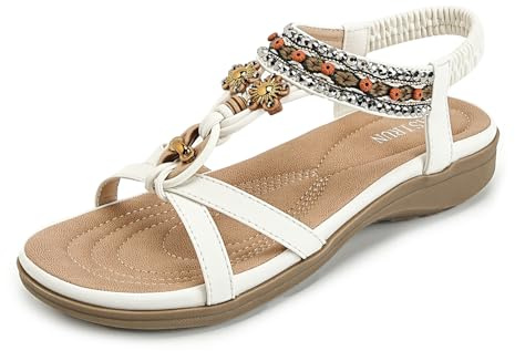 AFJYG Women's Flat Sandals Ladies Bohemian T-Bar Summer Beach Slip-on Sandals with Elastic Back Strap