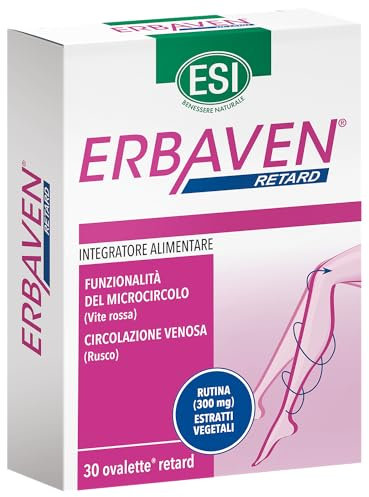 ESI - Erbaven Retard, Integratore Alimentare a Base di Vite Rossa, Rutina e Rusco, Favorisce la Funzionalità del Microcircolo e la Circolazione Venosa, Senza Glutine e Vegano, 30 Ovalette Retard
