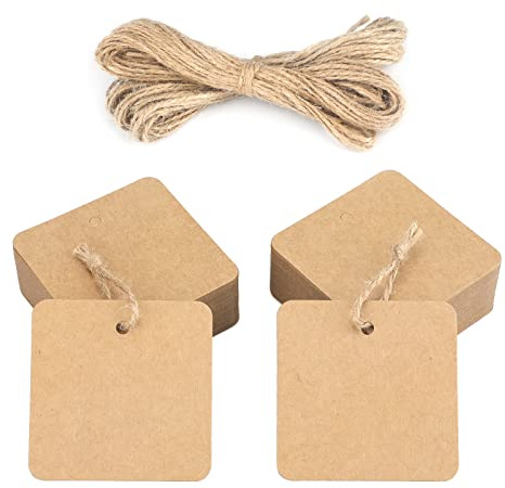 jijAcraft Etiquetas de Papel Kraft Cuadradas 5,5cm, 100 Uds Etiquetas de Regalo y 20 Metros Cuerda de Yute, para Artesanía Navidad Cumpleaños (Marrón)