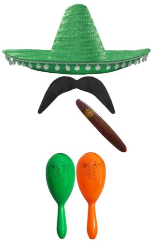 Mexikansk snygg klänning accessoarer sett. Mexikansk SOMBRERO + MARACAS + TAS. Perfekt för Mexikanska läckerdräkter SENORITA BANDIT MARIACHI (grön POM POM SOMBRERO + grön och orange maracas)