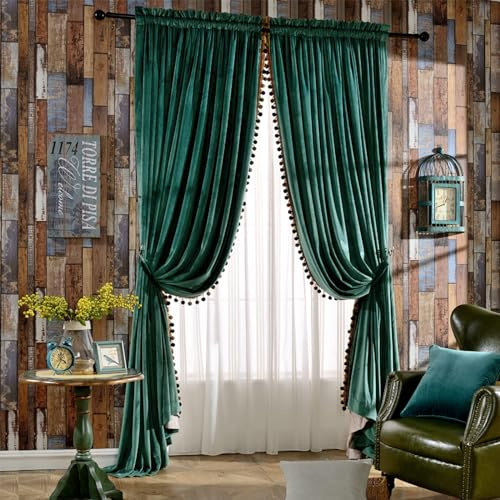 Melodieux Luxury Pom Poms Velvet Curtains for Bedroom Living Room, Vintage Room Darkening Rod Pocket Window Decorative Drapes, 52 W x 84 L, Antique Green (2 Panels)