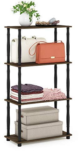 Furinno TURN-N-TUBE Storage Shelves, 4-Tier Book Shelf, Corner Shelf, Toolless Open Shelves, Classic Tubes, for Organization and Storage, Living Room, Home Office, Columbia Walnut