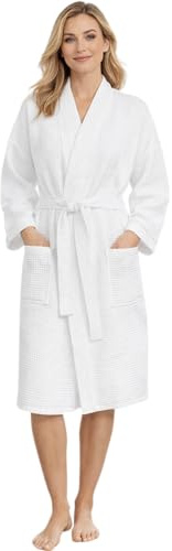 Morgenstern Waffle Bathrobe Women 100% Cotton Lightweight White Size Medium