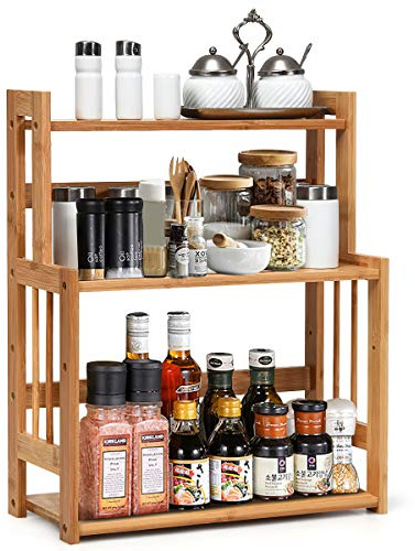 COSTWAY Étagère à Épices en Bambou, Porte-Épices à 3 Niveaux Hauteur Réglable, Etagère Rangement pour Cuisine, Salle de Bain, Comptoir 41,5 x 18 x 50 CM (L x l x h)