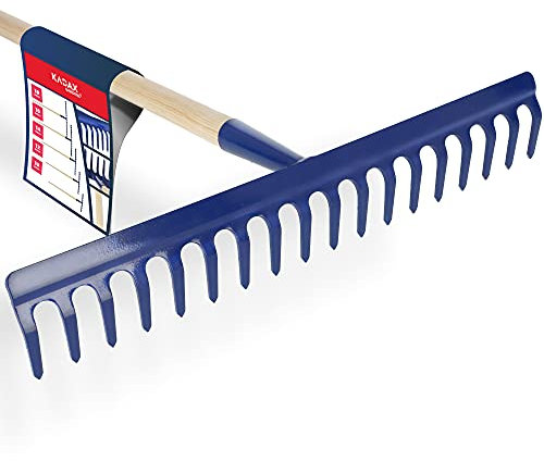Rastrillo KADAX, rastrillo Ancho con Cabeza Reforzada, Escoba de Hojas de Metal, rastrillo de Hojas con Mango Largo de Madera, Herramienta de jardín para desherbar, rastrillo de jardín para céspedes