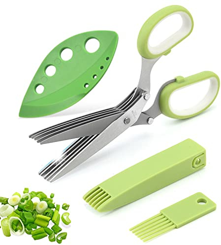 AWinjoy Herb Scissors Set,Multipurpose 5 Blade Kitchen Herb Cutter with Safety Cover and Cleaning Comb for Cutting Shredded Lettuce, Cilantro Fresh, Green Onion Fresh and etc.