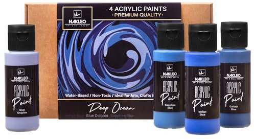Nakleo Acrylic Paints Set, 4 Colours (60ml, 2oz) Deep Ocean Blue Navy, Non-Toxic Water-Based Matte, Art and Craft Supplies DIY, Painting Stencils Wall Wood Canvas Paper Fabric Stone