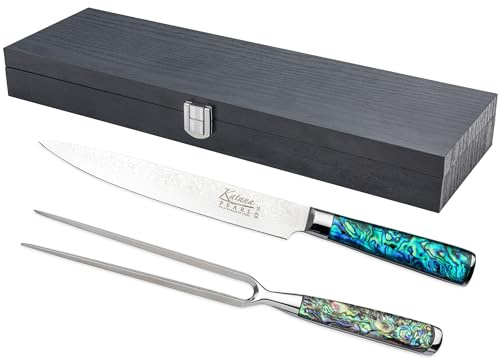 Katana Saya Juego de cuchillo y tenedor para tallar Pearl - Acero de Damasco VG-10 con alto contenido en carbono para una dureza y un filo extremos - Mango acrílico con diseño de abulón