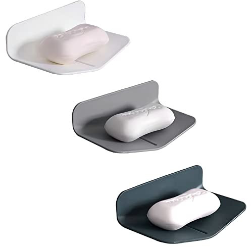 PAITOK Wandmontierte Seifenschalen, 3 Stück, kein Bohren, selbstentleerend, Gummi, V-förmig, für Bad und Küche, Weiß, Grau, Dunkelblau, Polypropylen, Rechteckig