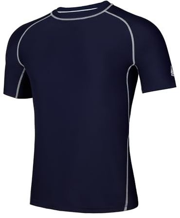 AMZSPORT Chemise Rash Guard pour Hommes, Protection UV UPF 50+ T-Shirt à Manches Courtes, Gilet de Protection Solaire à Séchage Rapide pour Surf, Natation, Pêche, Course, Bleu Marine, L