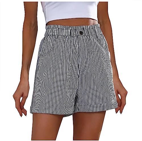 Shorts for Women Casual Striped Bermuda Shorts with Pockets Ladies Half Elastic Waisted Wide Leg Work Womens Summer Fashion Comfy Loose Cotton Linen