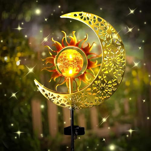 HUIKUANGEU Lampada Solare Sole e Luna,Lampade Solari da Giardino,Luci Decorative per Esterni con Sfera di Vetro a Led Luce,Luna Lampada Solare,per Esterni per Balcone, Vialetto, Prato.