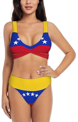 GaxfjRu Trajes de baño con la bandera de Venezuela para mujer 2024, conjuntos de bikini de cintura alta de 2 piezas para mujer, traje de baño con control de abdomen, Negro -, M