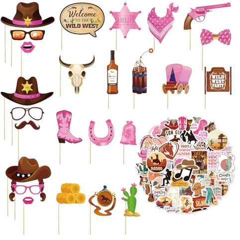 25 stycken västerländska cowboy fotorekvisita, 50 Cowboy-klistermärken, Cowboy Partydekorationer, Cowboy Tårtdekorationer