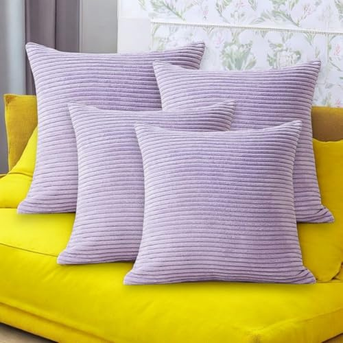 Seechoo Corduroy Cushion Covers, Set of 4, 40 x 40 cm, Plain Soft Striped, Assorted Colours (Lavender)