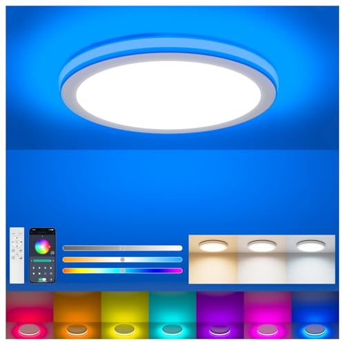 Aphyni Plafonnier LED Dimmable 24W, Luminaire Plafonnier Ø30CM Ultra Fin RGB 7 Couleurs, 3000-6500K 3800LM avec Veilleuse, Télécommande & App, LED IP44 pour Salon, Chambre, Cuisine