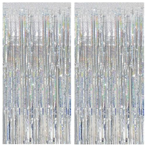 JOZMMZEOOA Metallique Rideaux Franges 2 Pièces Paillette Anniversaire Déco Franges Rideau 1M X 2M Métallique de Frange Brillant,pour Toile de Fond Anniversaire Décoration Mariage Les Fêtes(Argent)