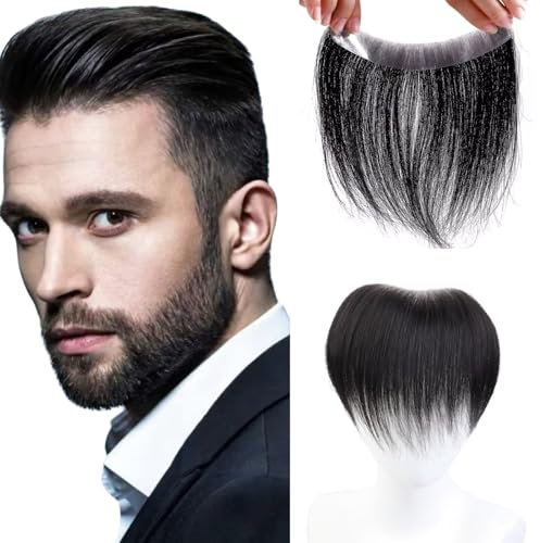 GGAUBAIFI Männer-Stirn-Haaransatz-Toupet, 100% Echthaar, Haut-PU-Männer-Haarteile, Frontalhaaraufsatz für natürliche Geheimratsecken, 0,59 x 6,3 Zoll, 9,6 Zoll, schwarze Farbe