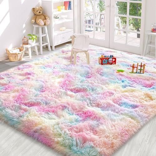 AIMECO Flauschiger Langflor Teppich 140X200cm, bunter Plüsch-Kuschelteppich für Schlafzimmer, Kinderzimmer, Wohnzimmer & Lounge, Hochflor Bodenteppich Ideal für Kinder & Haustiere