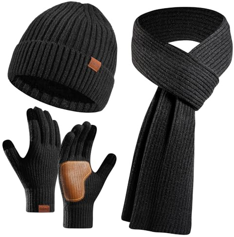 Ziwijity Winter Beanie Hat Scarf Gloves Set for Men & Women - 3PCS Knitted Warmer Set with Touchscreen Gloves, Long Soft Fleece Scarf for Cold Weather (Black)