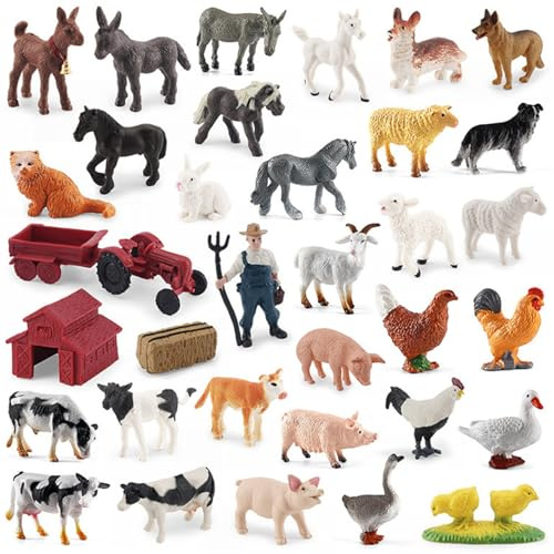 Odoukey Toy Farm Animals 34PCS Figuras de Animales de Granja Figuras de Tractores de Ganado realistas, Juego Educativo para niños pequeños Regalos para niños