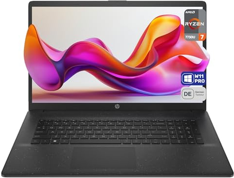 HP 17 Business Laptop, AMD Ryzen 7 7730U, 64 GB DDR4 RAM, 2 TB PCIe SSD, 17.3 FHD (1920x1080) Display, AMD Radeon-Grafikeinheit, QWERTZ Tastatur, Windows 11 Pro, Jet Black