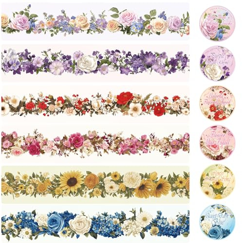 BSITSSS 6 Rolls Floral Washi Tape Set, Colorful Flowers Aesthetic Scrapbook Stickers 200cm, Spring Floral Craft Tape Transparent for DIY Bullet Journal Craft Gift Wrapping Notebook Laptop