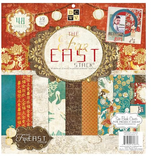 DCWV Premium Cardstock Paper 12x12, 48 Sheets of Scrapbook Paper for Crafts and Card Making, Single Sided Heavy Duty Cardstock with Glitter Accents - Far East