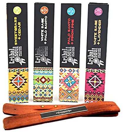 Tribal Soul Räucherstäbchen, 4 Schachteln à 15 Gramm, Sweetgrass + Zeder, weißer Salbei + Palo Santo, weißer Salbei + Lavendel und Palo Santo + Kiefer, Räucherstäbchenhalter Aromasenses als Geschenk