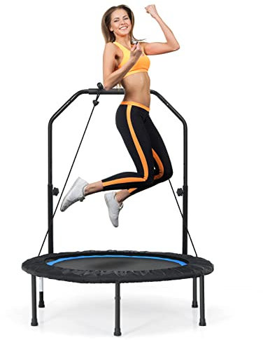 COSTWAY φ101cm Fitmess Trampolin, Mini Trampolin mit höhenverstellbarm Haltegriff & 2 Widerstandsbändern, Kindertrampolin faltbar, Gartentrampolin bis 150kg belastbar für Erwachsene & Kinder (Blau)