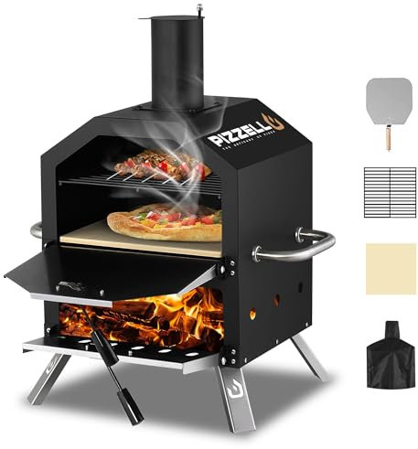 Pizzello Outdoor Pizza Oven Wood Fired 2-Layer Pizza Ovens 12 Outside Pizza Maker with Stone, Pizza Peel, Cover,Removable Cooking Rack for Camping Backyard BBQ (Black)