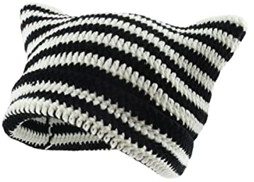 Crochet Hats for Women Cat Beanie Vintage Beanies Women Fox Hat Grunge Accessories Slouchy Beanies for Women (White Black,One Size)