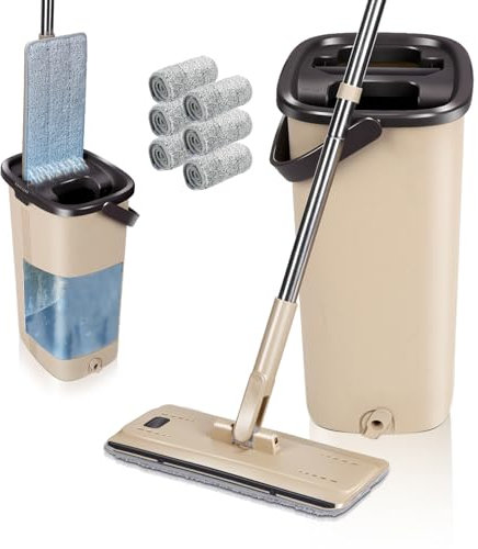 Masthome Balai Microfibre et Seau Essoreur, 360° Rotatif Serpillère Plat Microfibre avec 6 Serpillères de Rechange, Vadrouille de Mains Libre pour Nettoyage Sols Bois, Stratifiés, Carrelage et Marbre
