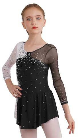 YiZYiF Vestito Danza Classica Bambina Maniche Lunghe Vestito Pattinaggio Artistico Strass Lucido Abito da Ballo Ballerina Balletto Dancewear Nero 13-14 Anni