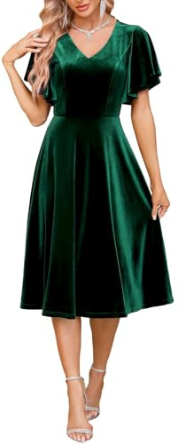 Bridesmay Sammetsklänning för kvinnor, V-ringad vintageklänning, bal, fest, swing, cocktail, brudtärneklänning med vida ärmar, Mörkgrön, XXL