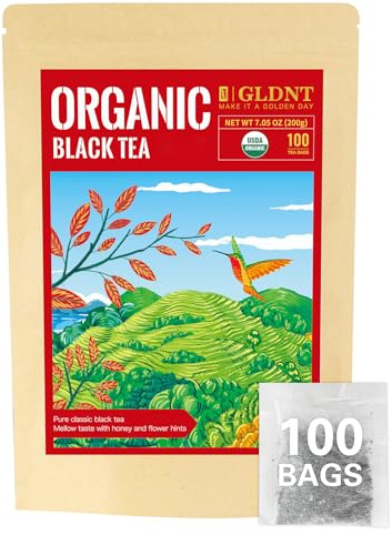 GLDNT Organic Black Tea Bags, Natural Organic Black Tea, Smooth & Mellow Flavor, Caffeinated, Hot & Iced Tea, 100 Count