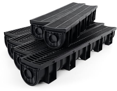 Trench Drain System, Channel Drain with Plastic Grate, 5.9x5.1-Inch HDPE Drainage Trench, Black Plastic Garage and GardenDrain, 6x39 Trench Drain Grate, with 6 End Caps,Convenient Assembly（6 Pack）