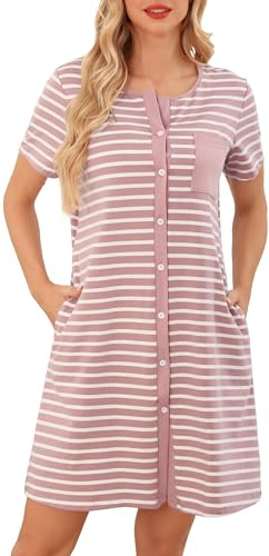 Lovasy Chemise de Nuit Femme Coton Chemise de Nuit Manches Courtes à Rayure Robe De Nuit Boutonnée Devant Tee Shirt de Nuit Femme Grande Taille avec Poches Latérales