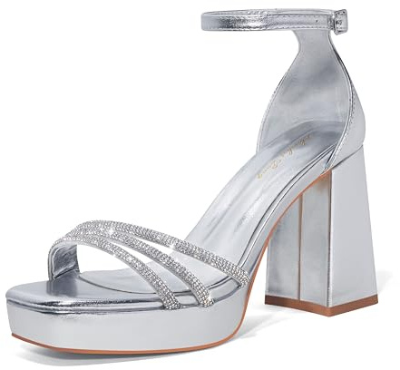 Zhabtuc sandali da abito con cinturino alla caviglia e punta aperta, eleganti décolleté da donna con tacco largo di 11 cm, Argento con strass, 39 EU