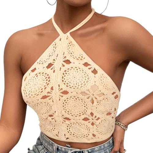 DRESHOW Kvinnor Sexig Halter Tank Topp Stickad Rygglös Crop Toppar Utskuren Mesh väst Sommar Boho Ärmlös Handvirkad blus Strand Bikini