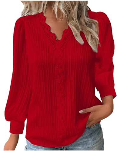 Long Sleeve Tops for Women UK Elegant Lace Splicing Hollow Bubble Solid Color Plus Size Blouses V-Neck Shirt Ladies Soft Comfy Classic-Fit Dressy Casual Tops for Work Office Red