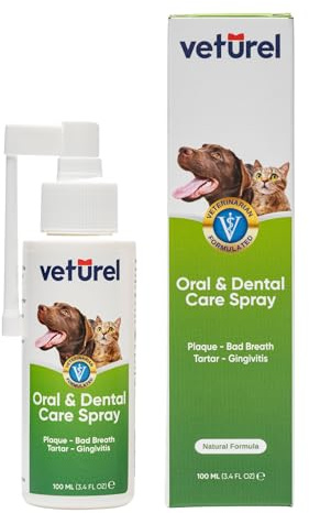 Veturel Mun- och tandvårdsspray för katter och hundar | 100 ml tandkött och plack rengöringsspray som bekämpar dålig andedräkt | Munvård för husdjur