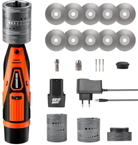 Batteridriven volfram-elektroder WIG-slipmaskin, 12 V volframslipmaskin, 6 storlekar, 8 vinklar, med 10 titanbelagda slipskivor och 3 CNC-taggar, flervinkel- och offset (med batteri och laddare)