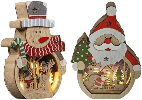 Bambelaa! LED Weihnachts Holzdeko Set Holzfiguren Weihnachtsdeko aus Holz mit 5 warmweißen LEDs Winterdeko Holzfiguren für Innen Tischdekoration ca. 11 x 3 x 15,8 cm (Schneemann & Weihnachtsmann)