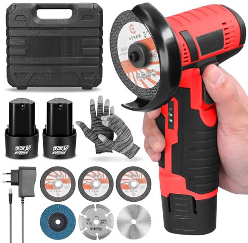 Mini Meuleuse D'Angle Sans Fil 19500RPM 12V Professional Disqueuse Sans Fil avec 2 batteries 2000mAh, 6 Disques à Tronçonner 76mm, Meuleuse d'angle pour Meuler et Polir, Couper