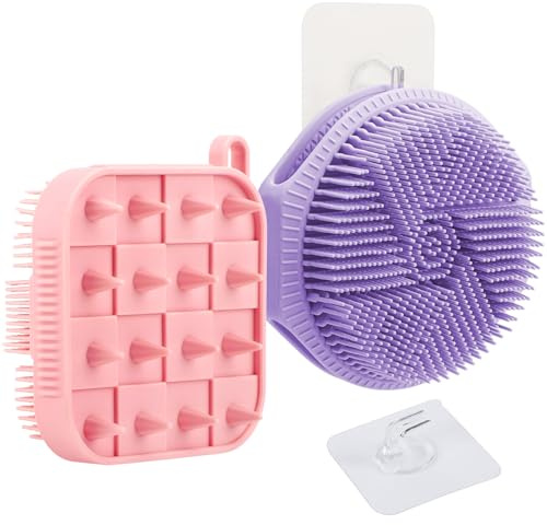 Mabnuby 2 Pack Silicone Body Scrubber, Exfoliating Silicone Loofah Shower Scrubber for Men & Women, 2-in-1 Food-Grade Antibacterial Dual-Sided Bath & Shampoo Brush for Sensitive Skin, Pink + Purple