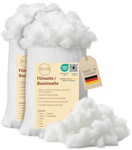 EVE Textile® Füllwatte 500 g Weiche Watte & Füllmaterial Öko-Tex 100 Zertifiziert Kissen, Kuscheltiere Hochbausch Bastelwatte, Stopfwolle & Kissenfüllung Ideal als Füllmaterial Kissen & Wolkendecke