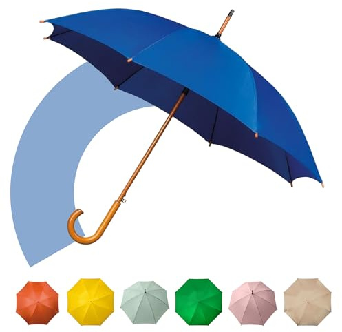 Jollybrolly Blue Walking Umbrella – Wooden Walking Stick Umbrella, Crook Handle, Large Canopy for Sun Protection, Windrpoof, Waterproof, Long Stick Gents Umbrella