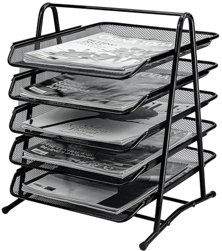 HIHOBDAY 5 Tier Sliding Paper Organiser Mesh Letter Tray Metal Magazine File Desk Storage For Office School Home, Black